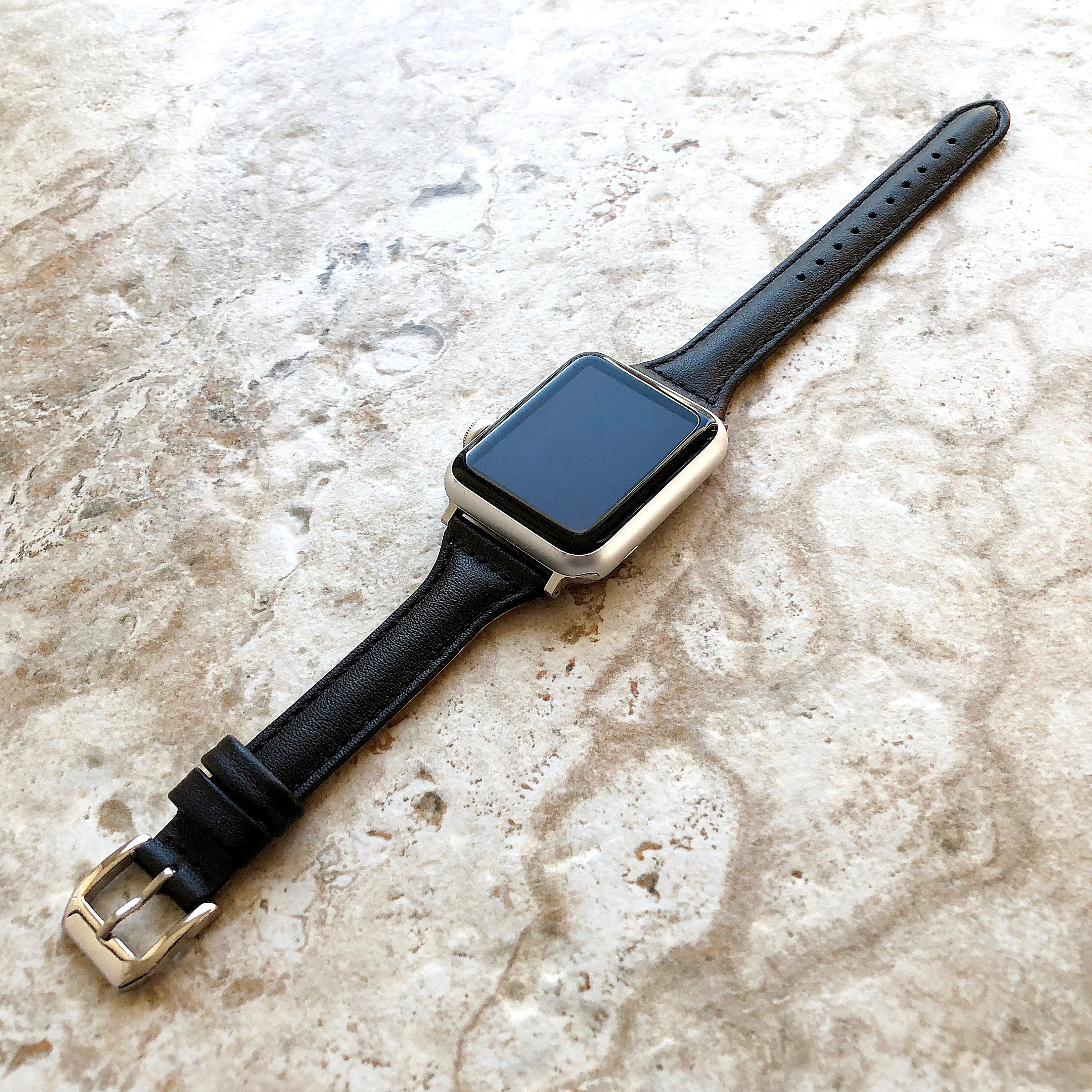 Apple Watch Black Color Slim Elegant Soft Leather Band Strap Bracelet for iWatch Ultra 2 49mm and 9 8 Series 41mm 45mm Case Handmade